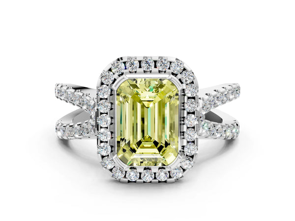 White gold Fancy Yellow Emerald Cut Diamond Halo Ring with Split Shank Pavé Band and Prong Setting