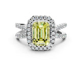 White gold Fancy Yellow Emerald Cut Diamond Halo Ring with Split Shank Pavé Band and Prong Setting_79
