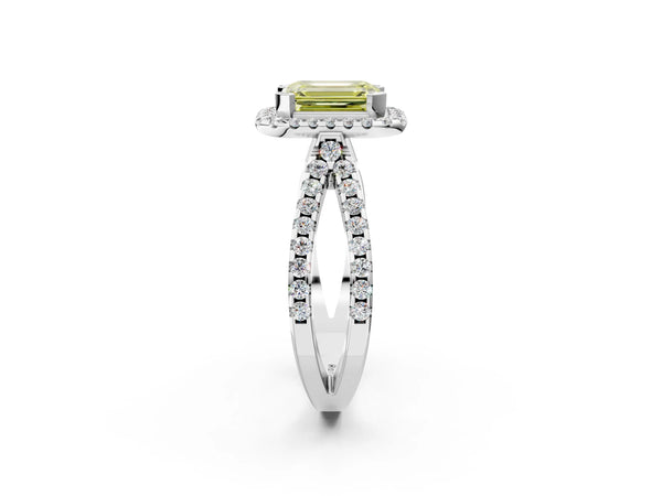 White gold Fancy Yellow Emerald Cut Diamond Halo Ring with Split Shank Pavé Band and Prong Setting
