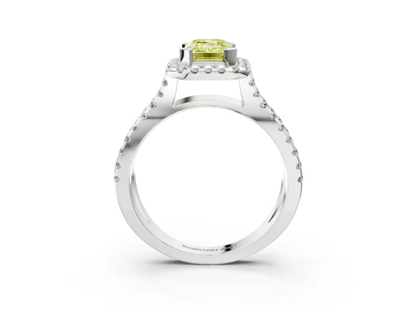 White gold Fancy Yellow Emerald Cut Diamond Halo Ring with Split Shank Pavé Band and Prong Setting
