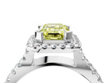 White gold Fancy Yellow Emerald Cut Diamond Halo Ring with Split Shank Pavé Band and Prong Setting_81