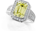 White gold Fancy Yellow Emerald Cut Diamond Halo Ring with Split Shank and Bezel Accents and Prong Setting_1