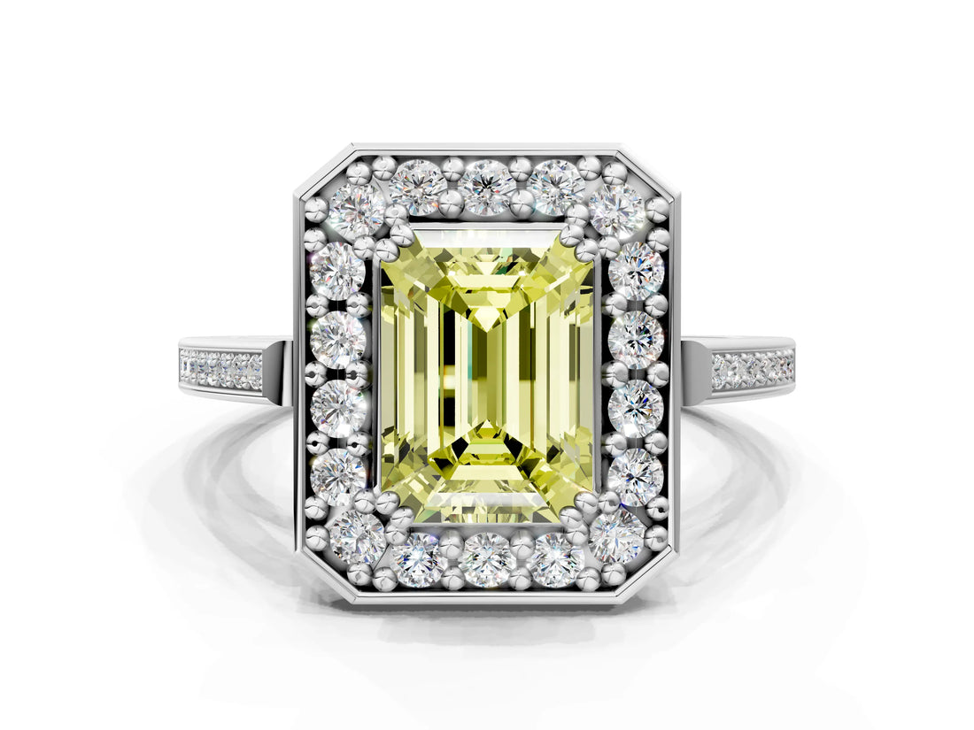 White gold Fancy Yellow Emerald Cut Diamond Halo Ring with Split Shank and Four-Prong Setting_47