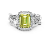 White gold Fancy Yellow Emerald Cut Diamond Halo Ring with Vintage Split Shank and Four-Prong Setting_109
