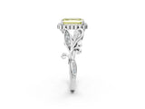 White gold Fancy Yellow Emerald Cut Diamond Halo Ring with Vintage Split Shank and Four-Prong Setting_110