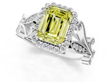 White gold Fancy Yellow Emerald Cut Diamond Halo Ring with Vintage Split Shank and Four-Prong Setting_110