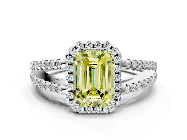 Platinum Fancy Yellow Emerald Cut Diamond Halo Split Shank Engagement Ring
