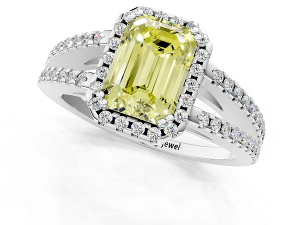 Platinum Fancy Yellow Emerald Cut Diamond Halo Split Shank Engagement Ring