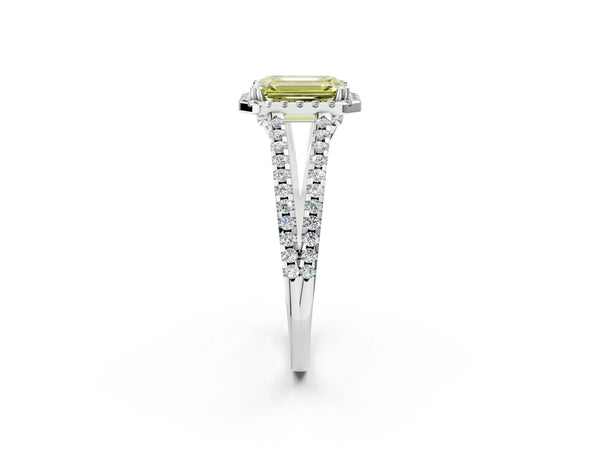 Platinum Fancy Yellow Emerald Cut Diamond Halo Split Shank Engagement Ring