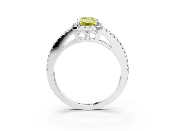 Platinum Fancy Yellow Emerald Cut Diamond Halo Split Shank Engagement Ring