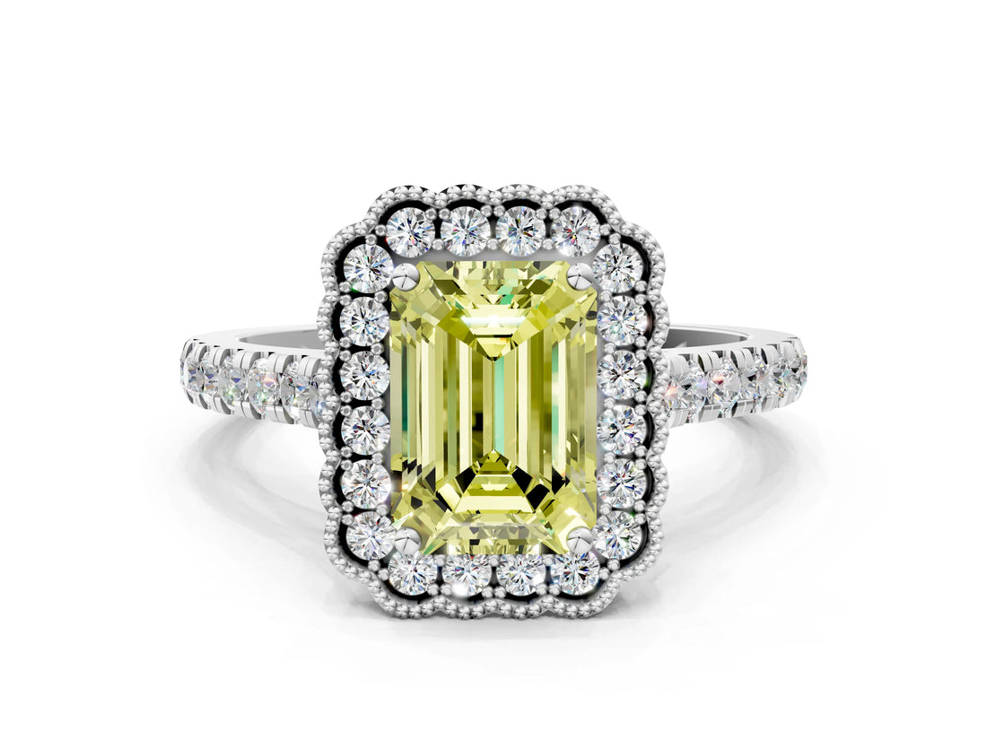 White gold Fancy Yellow Emerald  Cut Diamond Milgrain Floral Halo Engagement Ring with Pavé Band_15