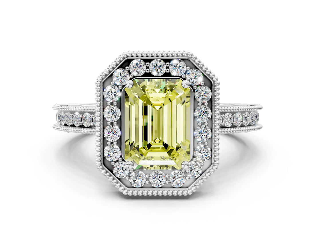 White gold Fancy Yellow Emerald Cut Diamond Milgrain Halo Engagement Ring with Round Pavé Band and Prong Setting_12