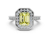 White gold Fancy Yellow Emerald Cut Diamond Milgrain Halo Engagement Ring with Round Pavé Band and Prong Setting_12