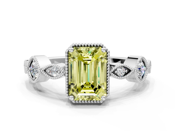 White gold Fancy Yellow Emerald  Cut Diamond Milgrain Marquise Band with Prong Setting