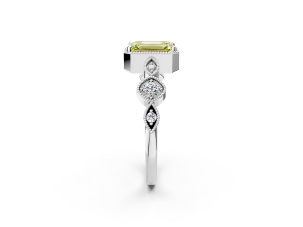 White gold Fancy Yellow Emerald  Cut Diamond Milgrain Marquise Band with Prong Setting