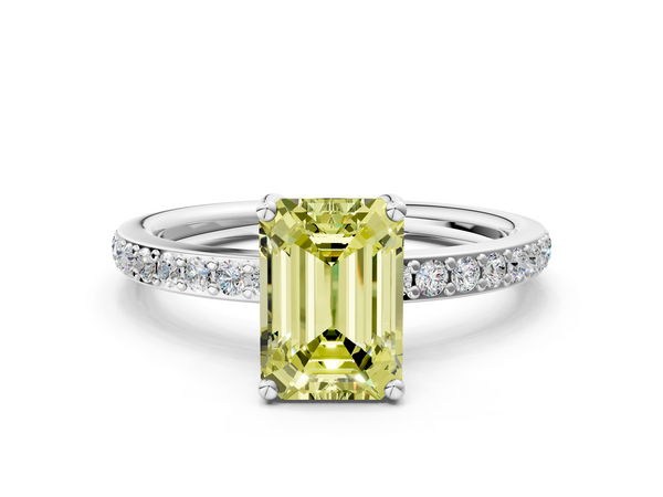 White gold Fancy Yellow Emerald  Cut Diamond Pavé Band Ring with Four-Prong Setting