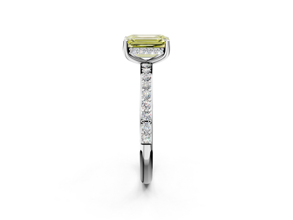 White gold Fancy Yellow Emerald  Cut Diamond Pavé Band Ring with Four-Prong Setting