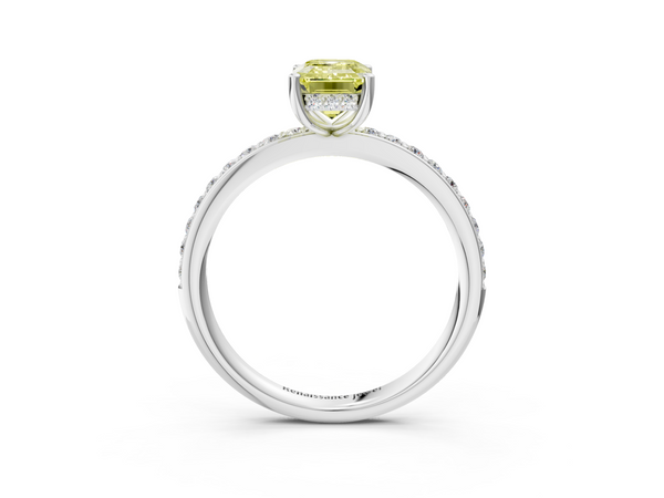 White gold Fancy Yellow Emerald  Cut Diamond Pavé Band Ring with Four-Prong Setting