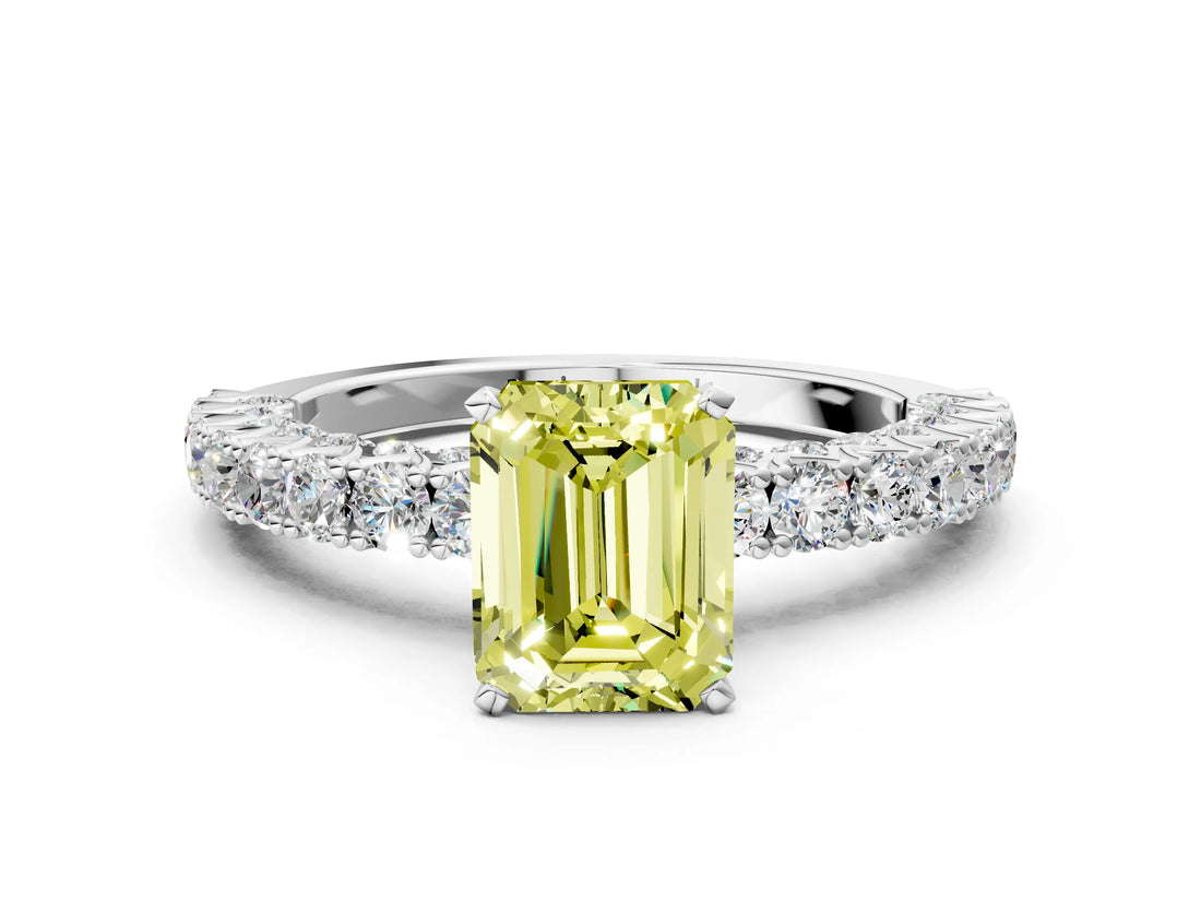 White gold Fancy Yellow Emerald Cut Diamond Pavé Band Solitaire Ring with Prong Setting_90