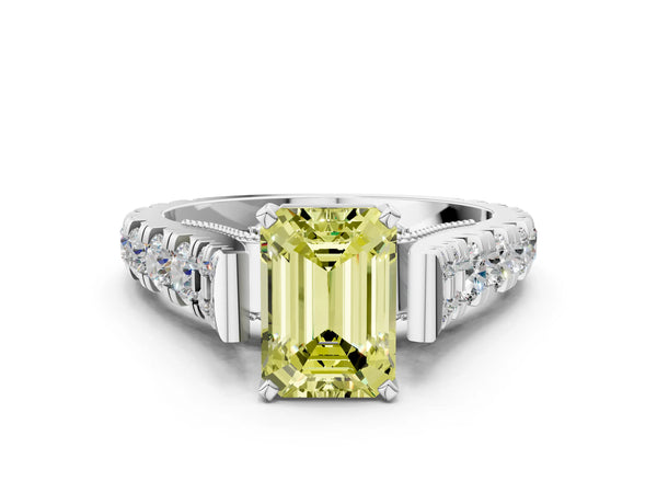 Platinum Fancy Yellow Emerald Cut Diamond Classic Solitaire Ring with Pavé Band and Four-Prong Setting