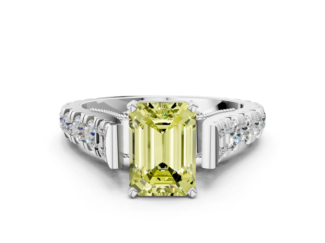 White gold Fancy Yellow Emerald  Cut Diamond Pavé Band Solitaire with Four-Prong Setting_15
