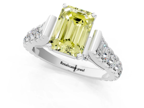 Platinum Fancy Yellow Emerald Cut Diamond Classic Solitaire Ring with Pavé Band and Four-Prong Setting