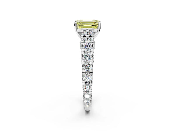 Platinum Fancy Yellow Emerald Cut Diamond Classic Solitaire Ring with Pavé Band and Four-Prong Setting