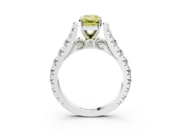 Platinum Fancy Yellow Emerald Cut Diamond Classic Solitaire Ring with Pavé Band and Four-Prong Setting