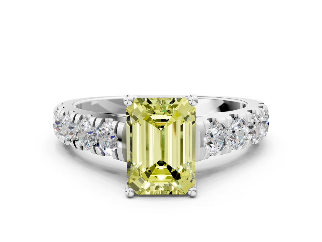 White gold Fancy Yellow Emerald  Cut Diamond Pavé Band Solitaire with Four-Prong Setting_3