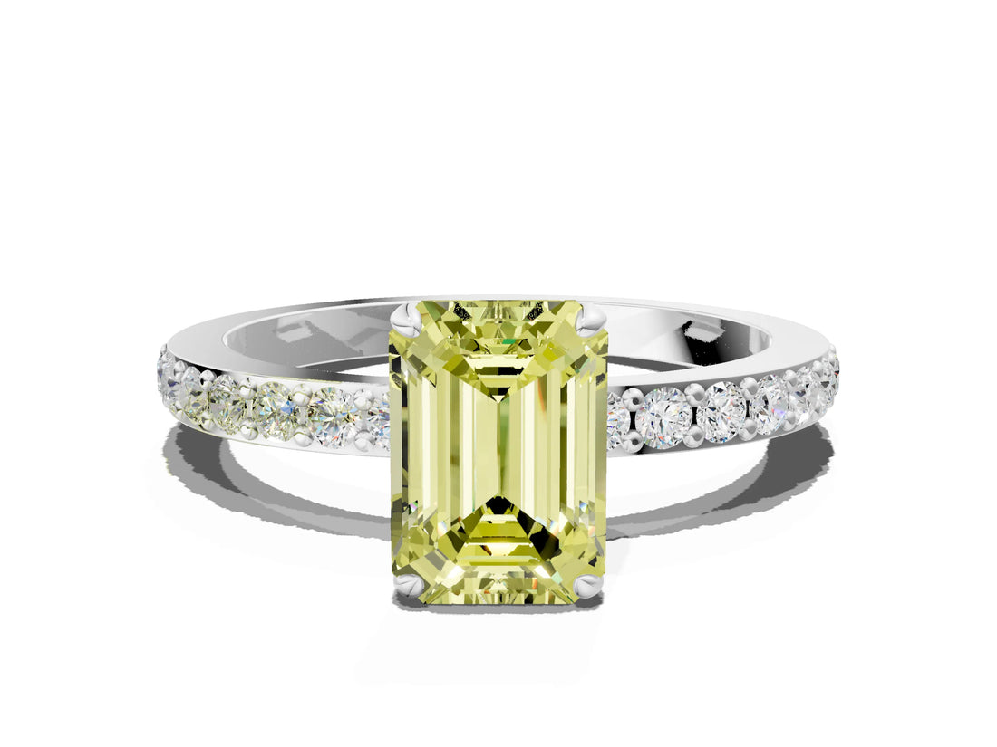 White gold Fancy Yellow Emerald Cut Diamond Pavé Engagement Ring with Round  Accents and Prong Setting_132