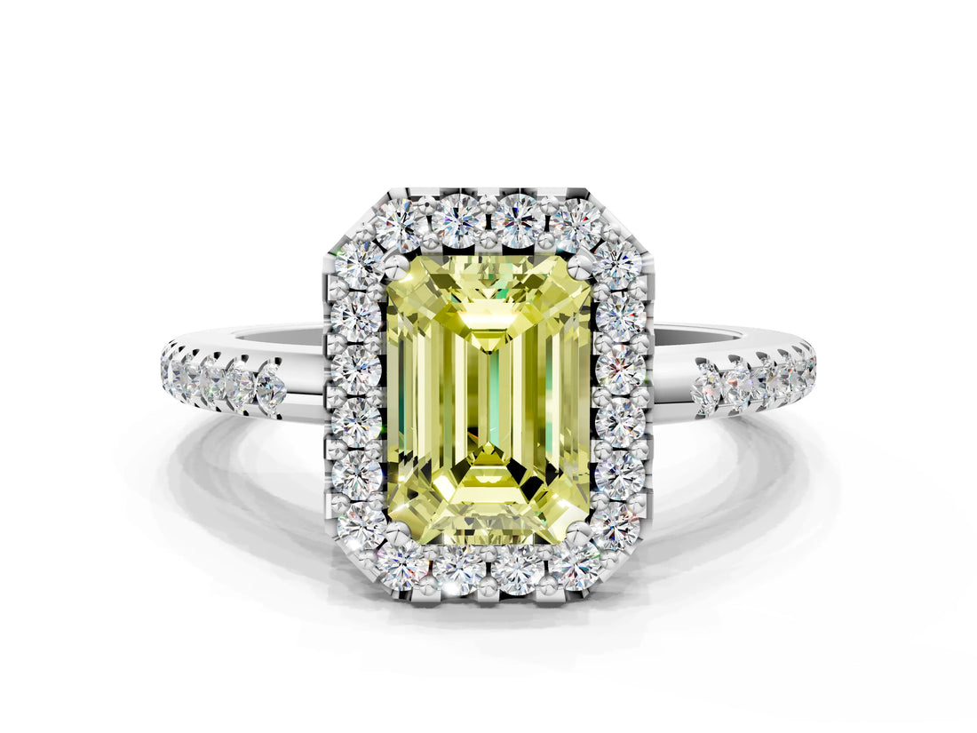 White gold Fancy Yellow Emerald Cut Diamond Pavé Halo Ring with Four-Prong Setting_60