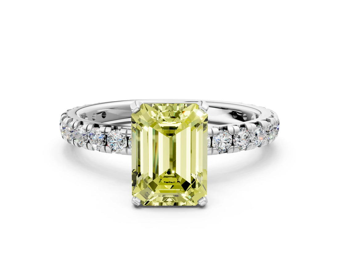 White gold Fancy Yellow Emerald Cut Diamond Pavé Solitaire Ring with Round Band and Prong Setting_19