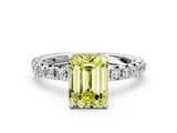 White gold Fancy Yellow Emerald Cut Diamond Pavé Solitaire Ring with Round Band and Prong Setting_19