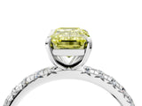 White gold Fancy Yellow Emerald Cut Diamond Pavé Solitaire Ring with Round Band and Prong Setting_23