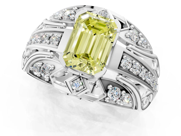 White gold Fancy Yellow Emerald Cut Diamond Pave Art Deco Split Shank Ring with Four-Prong Setting