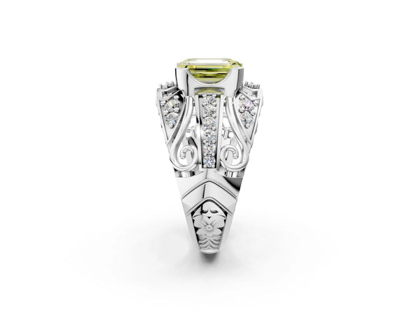 White gold Fancy Yellow Emerald Cut Diamond Pave Art Deco Split Shank Ring with Four-Prong Setting