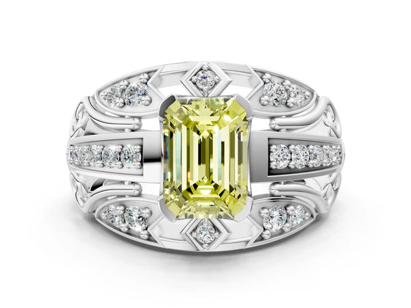 White gold Fancy Yellow Emerald Cut Diamond Pave Art Deco Split Shank Ring with Four-Prong Setting