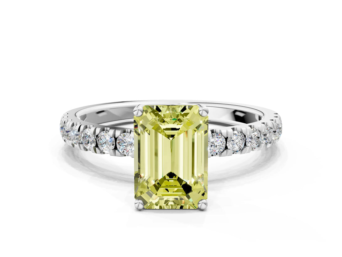 White gold Fancy Yellow Emerald Cut Diamond Pave Band Solitaire Ring with Round  and Prong Setting_130