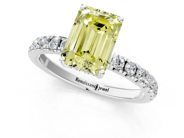 Platinum Fancy Yellow Emerald Cut Diamond Pave Band Solitaire Ring with Round  and Prong Setting