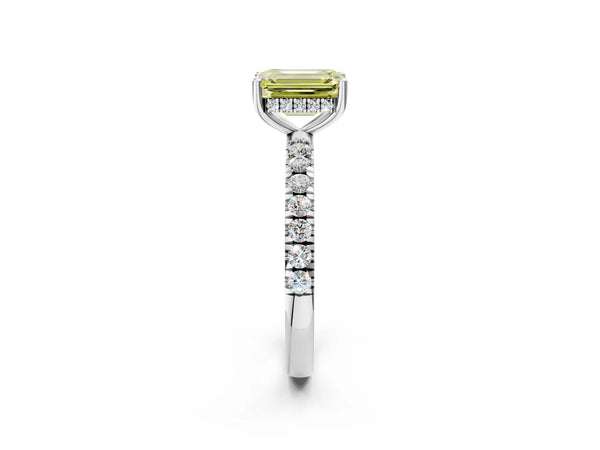 Platinum Fancy Yellow Emerald Cut Diamond Pave Band Solitaire Ring with Round  and Prong Setting