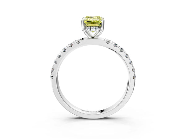 Platinum Fancy Yellow Emerald Cut Diamond Pave Band Solitaire Ring with Round  and Prong Setting