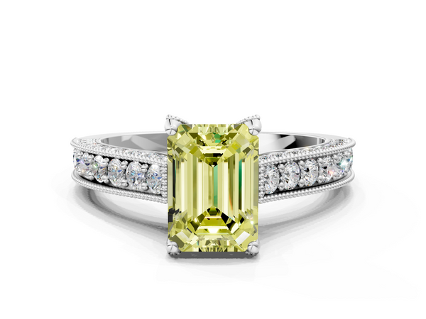White gold Fancy Yellow Emerald  Cut Diamond Solitaire Ring with Milgrain Pave Band and Four Prong Setting