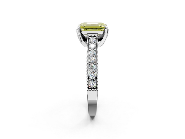 White gold Fancy Yellow Emerald  Cut Diamond Solitaire Ring with Milgrain Pave Band and Four Prong Setting