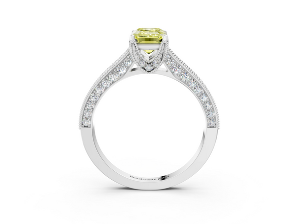 White gold Fancy Yellow Emerald  Cut Diamond Solitaire Ring with Milgrain Pave Band and Four Prong Setting