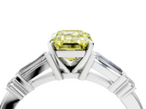 White gold Fancy Yellow Emerald  Cut Diamond Ring with Baguette Side Stones, Channel Set Band, and Four-Prong Setting_7