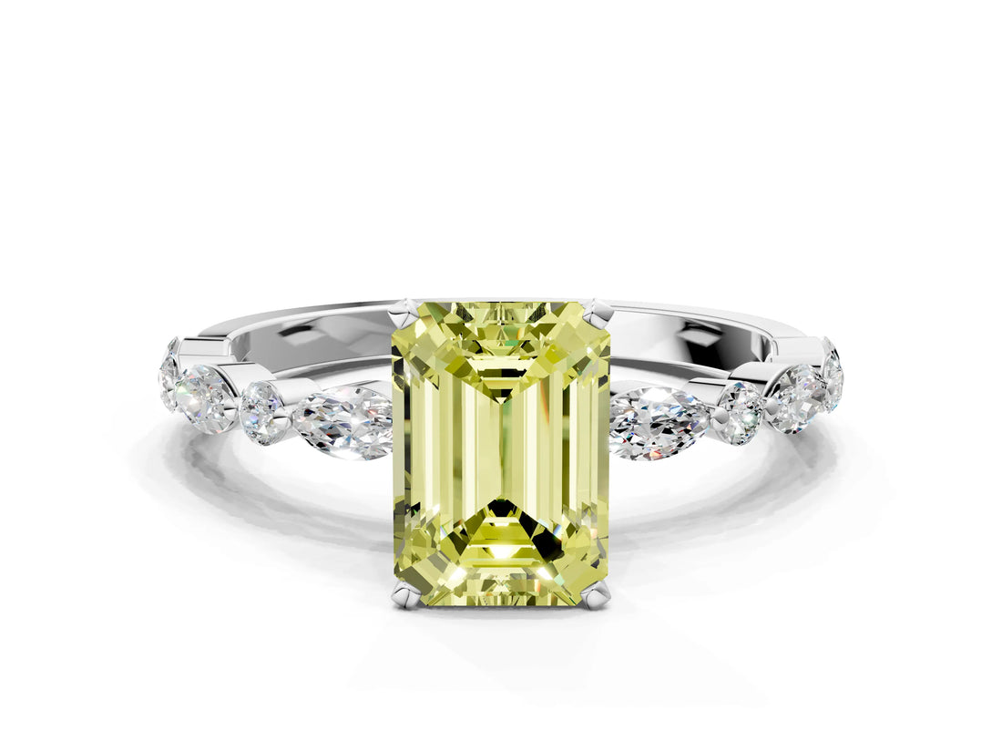 White gold Fancy Yellow Emerald Cut Diamond Ring with Marquise and Round  Side Stones and Four-Prong Setting_76