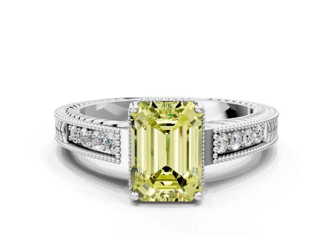 White gold Fancy Yellow Emerald Cut Diamond Ring with Milgrain Pavé Band and Four-Prong Setting_32