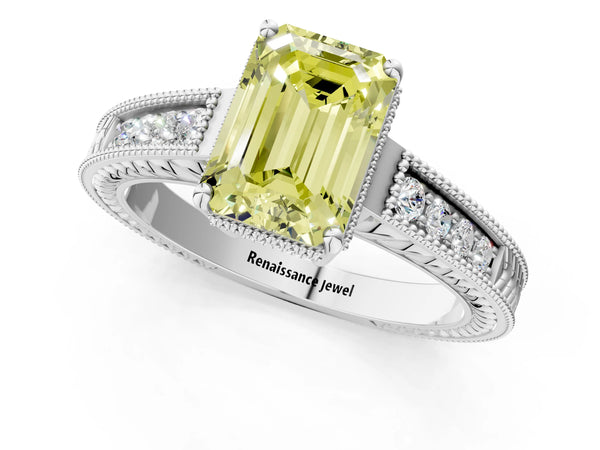 Platinum Fancy Yellow Emerald Cut Diamond Ring with Milgrain Pavé Band and Four-Prong Setting