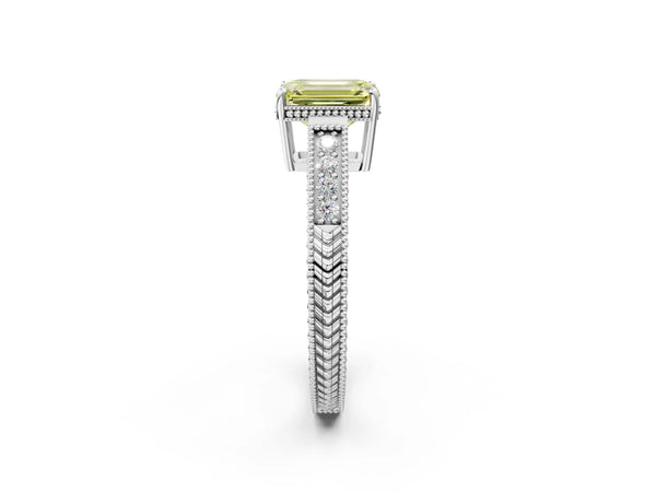 Platinum Fancy Yellow Emerald Cut Diamond Ring with Milgrain Pavé Band and Four-Prong Setting