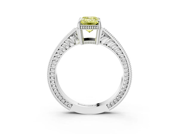 Platinum Fancy Yellow Emerald Cut Diamond Ring with Milgrain Pavé Band and Four-Prong Setting